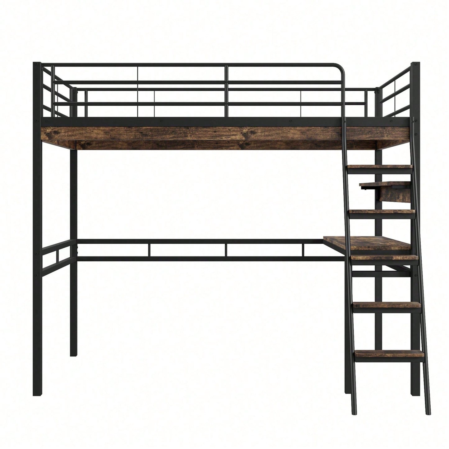 Hochbett, 90*200cm , Ohne Matratze, Bett mit Schreibtisch, Regale, Geländer, Leiter, Eisenrahmen, Schwarz