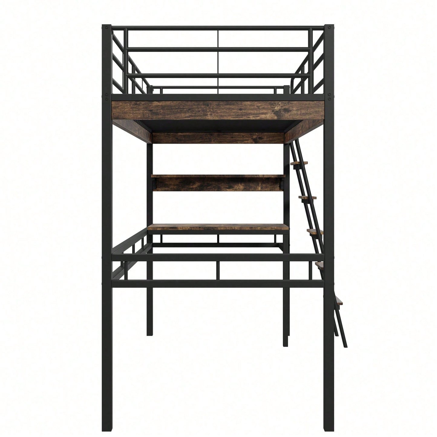 Hochbett, 90*200cm , Ohne Matratze, Bett mit Schreibtisch, Regale, Geländer, Leiter, Eisenrahmen, Schwarz