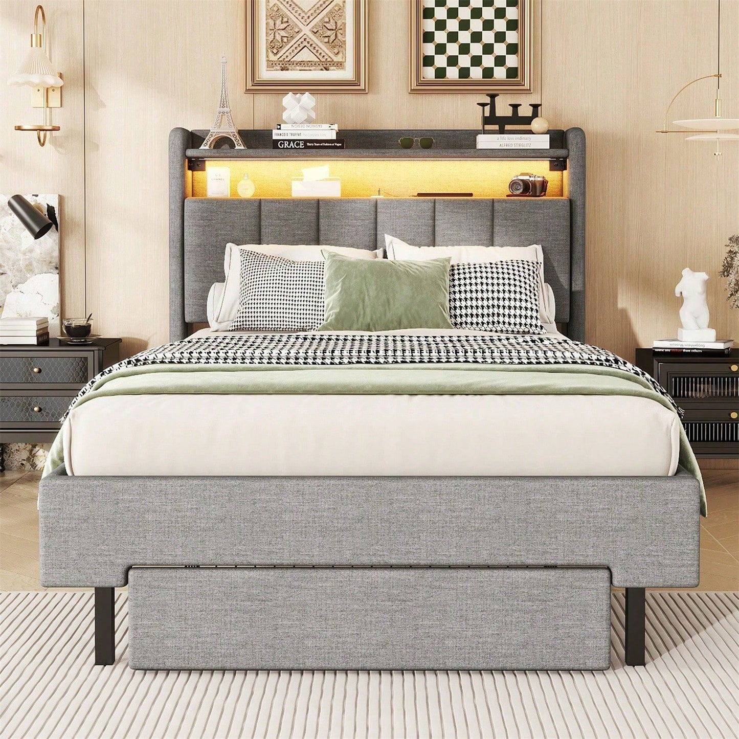 90*200cm Flachbett, Polsterbett, LED-Wärmelampe, USB-Steckdose, aufklappbares Kopfteil, eingebautes Staufach, Bettkästen, Grau