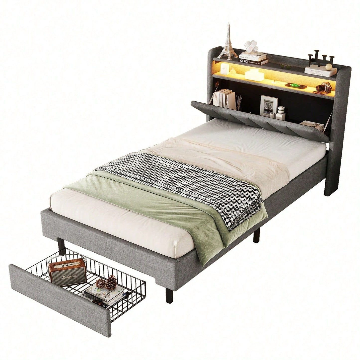 90*200cm Flachbett, Polsterbett, LED-Wärmelampe, USB-Steckdose, aufklappbares Kopfteil, eingebautes Staufach, Bettkästen, Grau