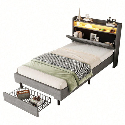 90*200cm Flachbett, Polsterbett, LED-Wärmelampe, USB-Steckdose, aufklappbares Kopfteil, eingebautes Staufach, Bettkästen, Grau