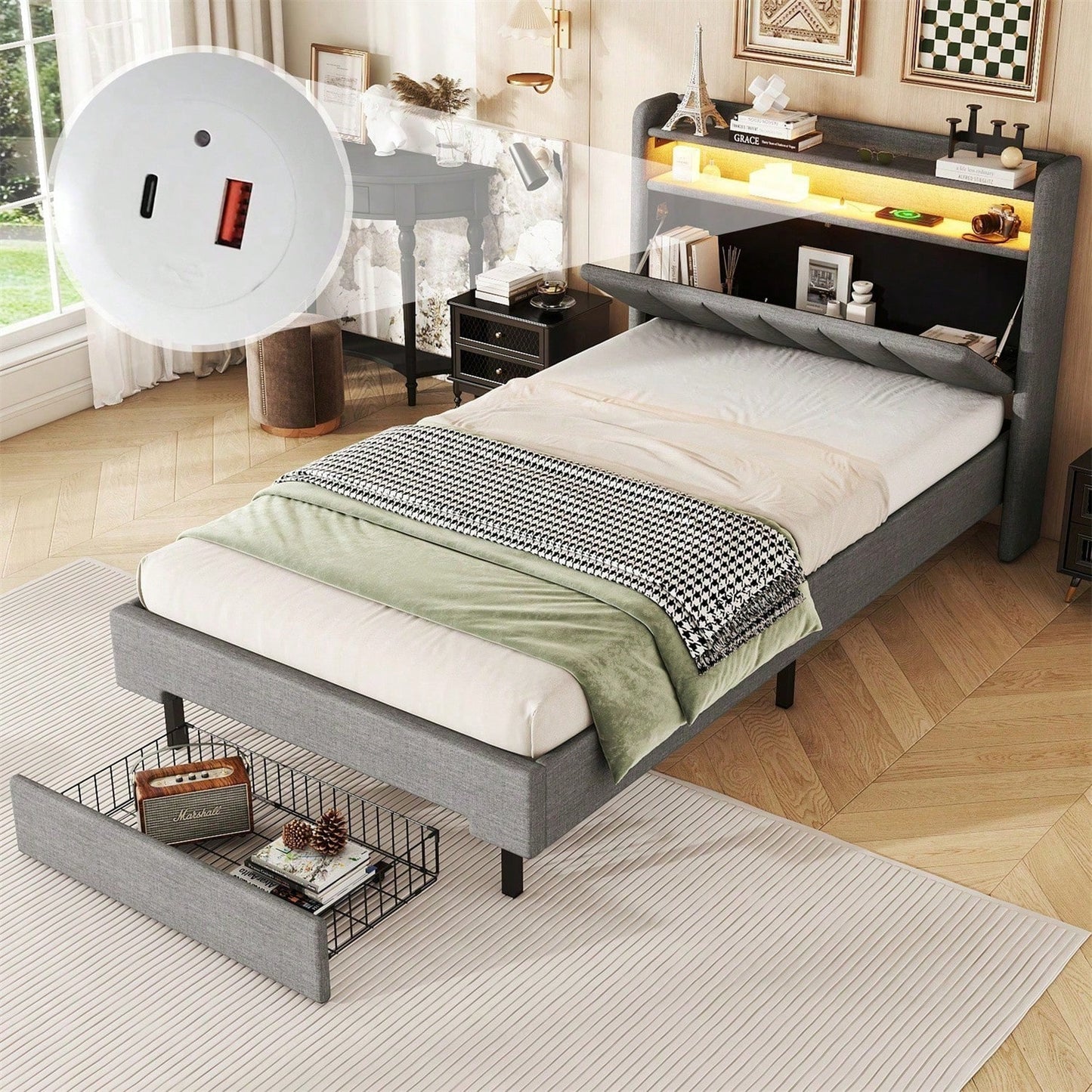 90*200cm Flachbett, Polsterbett, LED-Wärmelampe, USB-Steckdose, aufklappbares Kopfteil, eingebautes Staufach, Bettkästen, Grau