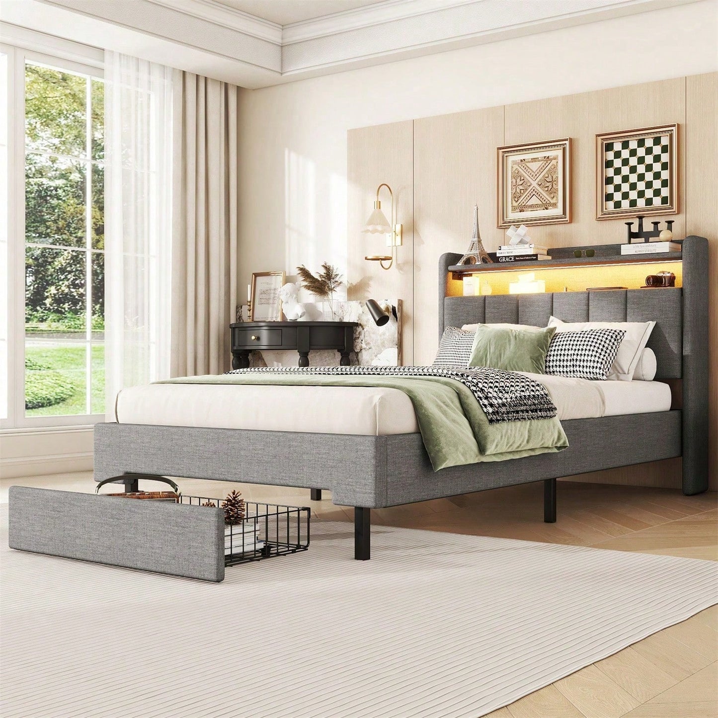 90*200cm Flachbett, Polsterbett, LED-Wärmelampe, USB-Steckdose, aufklappbares Kopfteil, eingebautes Staufach, Bettkästen, Grau