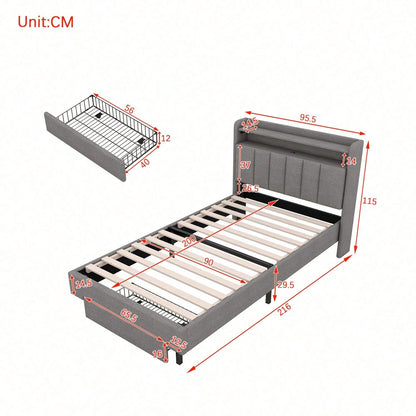 90*200cm Flachbett, Polsterbett, LED-Wärmelampe, USB-Steckdose, aufklappbares Kopfteil, eingebautes Staufach, Bettkästen, Grau
