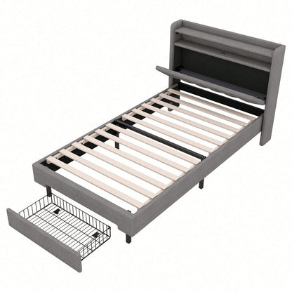 90*200cm Flachbett, Polsterbett, LED-Wärmelampe, USB-Steckdose, aufklappbares Kopfteil, eingebautes Staufach, Bettkästen, Grau