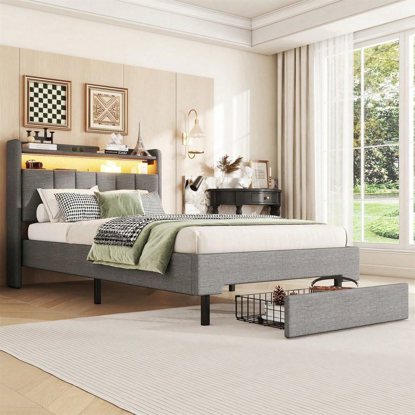 90*200cm Flachbett, Polsterbett, LED-Wärmelampe, USB-Steckdose, aufklappbares Kopfteil, eingebautes Staufach, Bettkästen, Grau