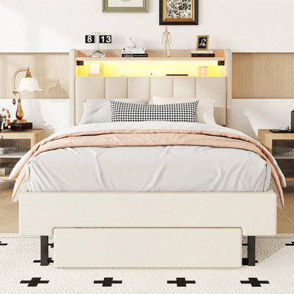 90*200cm Flachbett, Polsterbett, LED-Wärmelampe, USB-Steckdose, aufklappbares Kopfteil, eingebautes Staufach, Bettkästen, Grau