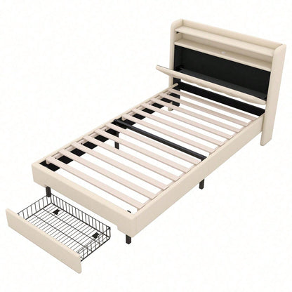 90*200cm Flachbett, Polsterbett, LED-Wärmelampe, USB-Steckdose, aufklappbares Kopfteil, eingebautes Staufach, Bettkästen, Grau