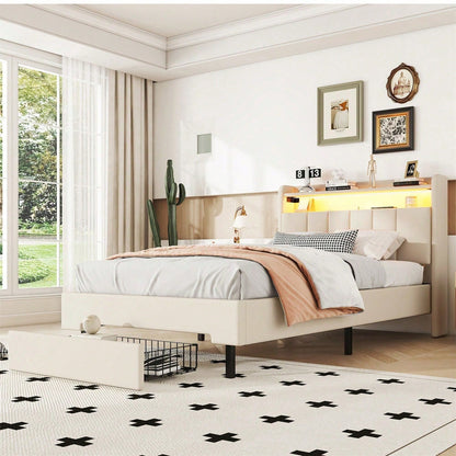 90*200cm Flachbett, Polsterbett, LED-Wärmelampe, USB-Steckdose, aufklappbares Kopfteil, eingebautes Staufach, Bettkästen, Grau