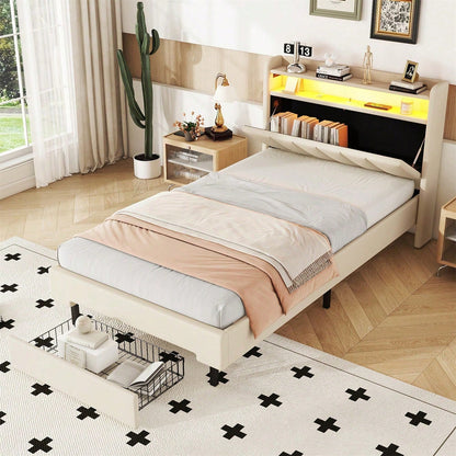 90*200cm Flachbett, Polsterbett, LED-Wärmelampe, USB-Steckdose, aufklappbares Kopfteil, eingebautes Staufach, Bettkästen, Grau