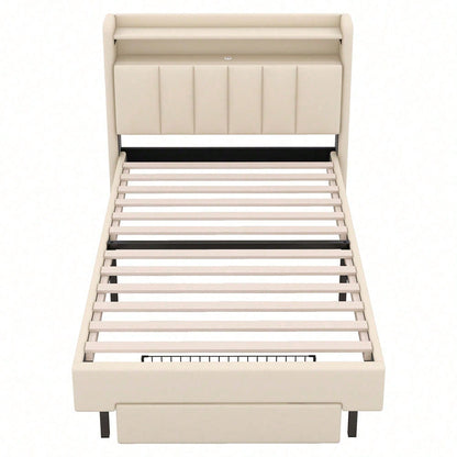 90*200cm Flachbett, Polsterbett, LED-Wärmelampe, USB-Steckdose, aufklappbares Kopfteil, eingebautes Staufach, Bettkästen, Grau