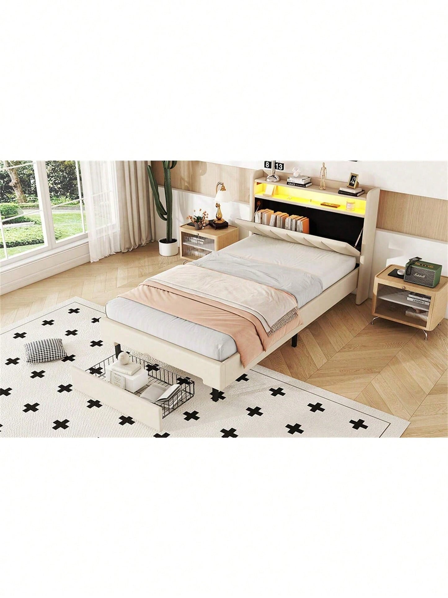 90*200cm Flachbett, Polsterbett, LED-Wärmelampe, USB-Steckdose, aufklappbares Kopfteil, eingebautes Staufach, Bettkästen, Grau