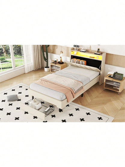 90*200cm Flachbett, Polsterbett, LED-Wärmelampe, USB-Steckdose, aufklappbares Kopfteil, eingebautes Staufach, Bettkästen, Grau