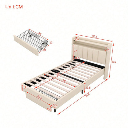90*200cm Flachbett, Polsterbett, LED-Wärmelampe, USB-Steckdose, aufklappbares Kopfteil, eingebautes Staufach, Bettkästen, Grau