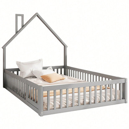 Polsterbett, 140 x 200 cm, Kinderbett mit Schornsteinform, Bett mit Lattenrost (ohne Matratze), Kiefernholz, Minimalistischer Stil, Weiß