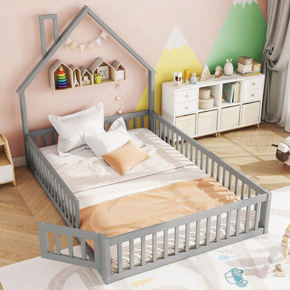 Polsterbett, 140 x 200 cm, Kinderbett mit Schornsteinform, Bett mit Lattenrost (ohne Matratze), Kiefernholz, Minimalistischer Stil, Weiß