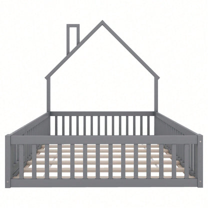 Polsterbett, 140 x 200 cm, Kinderbett mit Schornsteinform, Bett mit Lattenrost (ohne Matratze), Kiefernholz, Minimalistischer Stil, Weiß