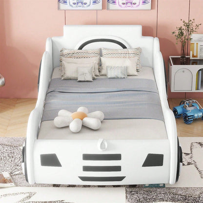 Flachbett, 90 x 200cm, Bett mit Lattenrost (ohne Matratze), Modell Autobett, Autobett, Kinderbett, Kinderbett mit Unterbettstauraum, Weiß