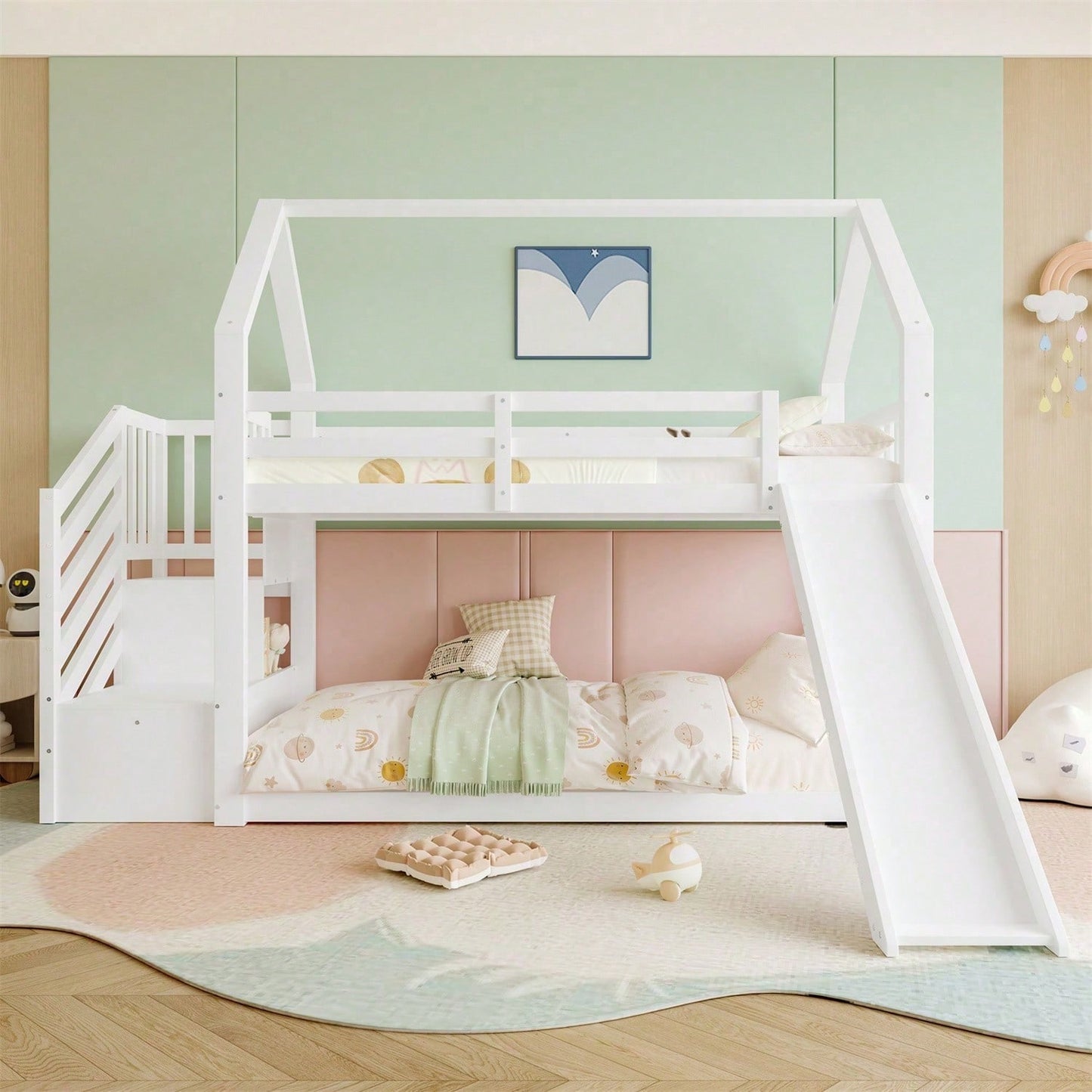 Etagenbett mit Stauraumtreppe und Rutsche, Hausbett(Ohne Matratze), Kinderbett mit Geländer, geeignet für Kinder, Jugendliche, 90x200cm, Weiß