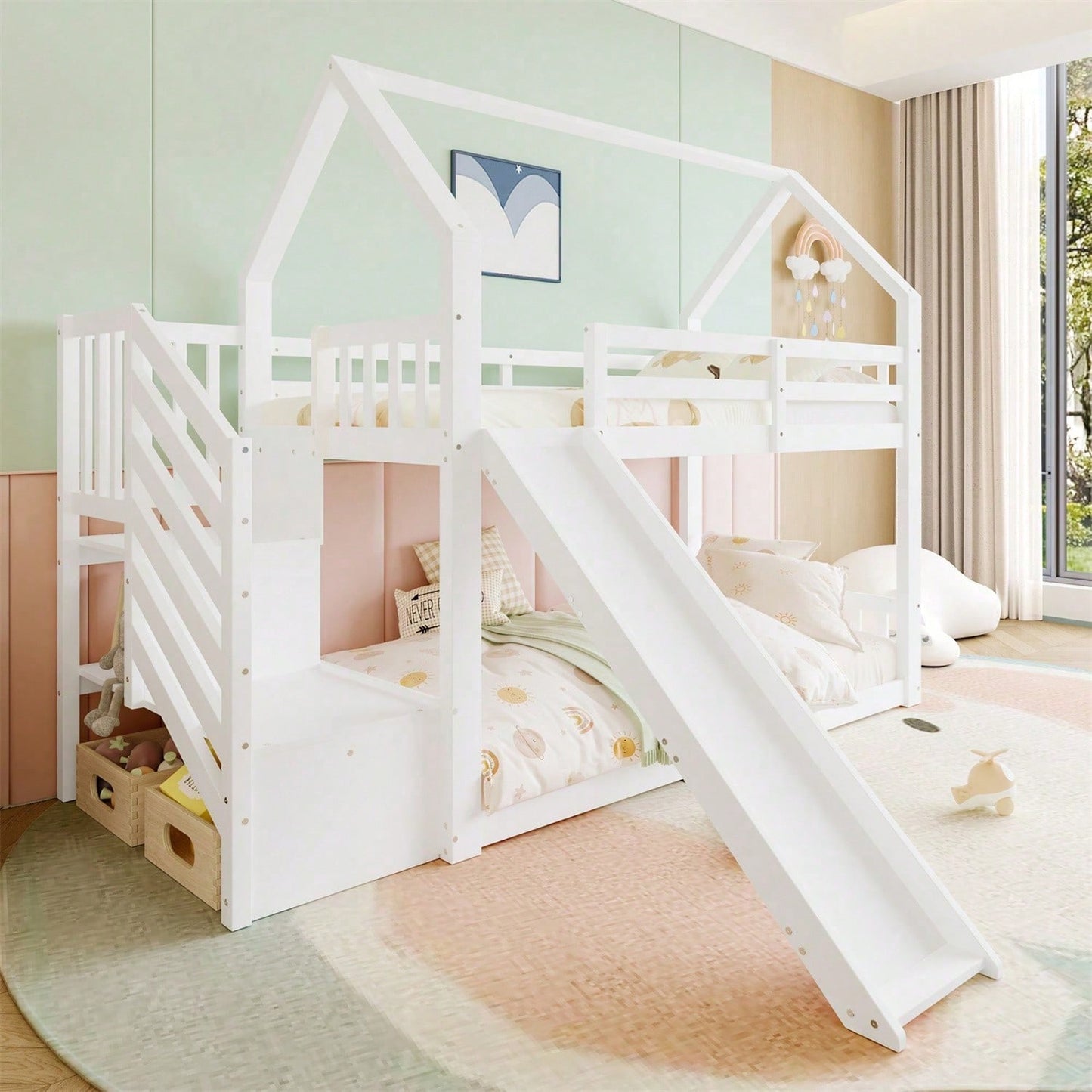 Etagenbett mit Stauraumtreppe und Rutsche, Hausbett(Ohne Matratze), Kinderbett mit Geländer, geeignet für Kinder, Jugendliche, 90x200cm, Weiß
