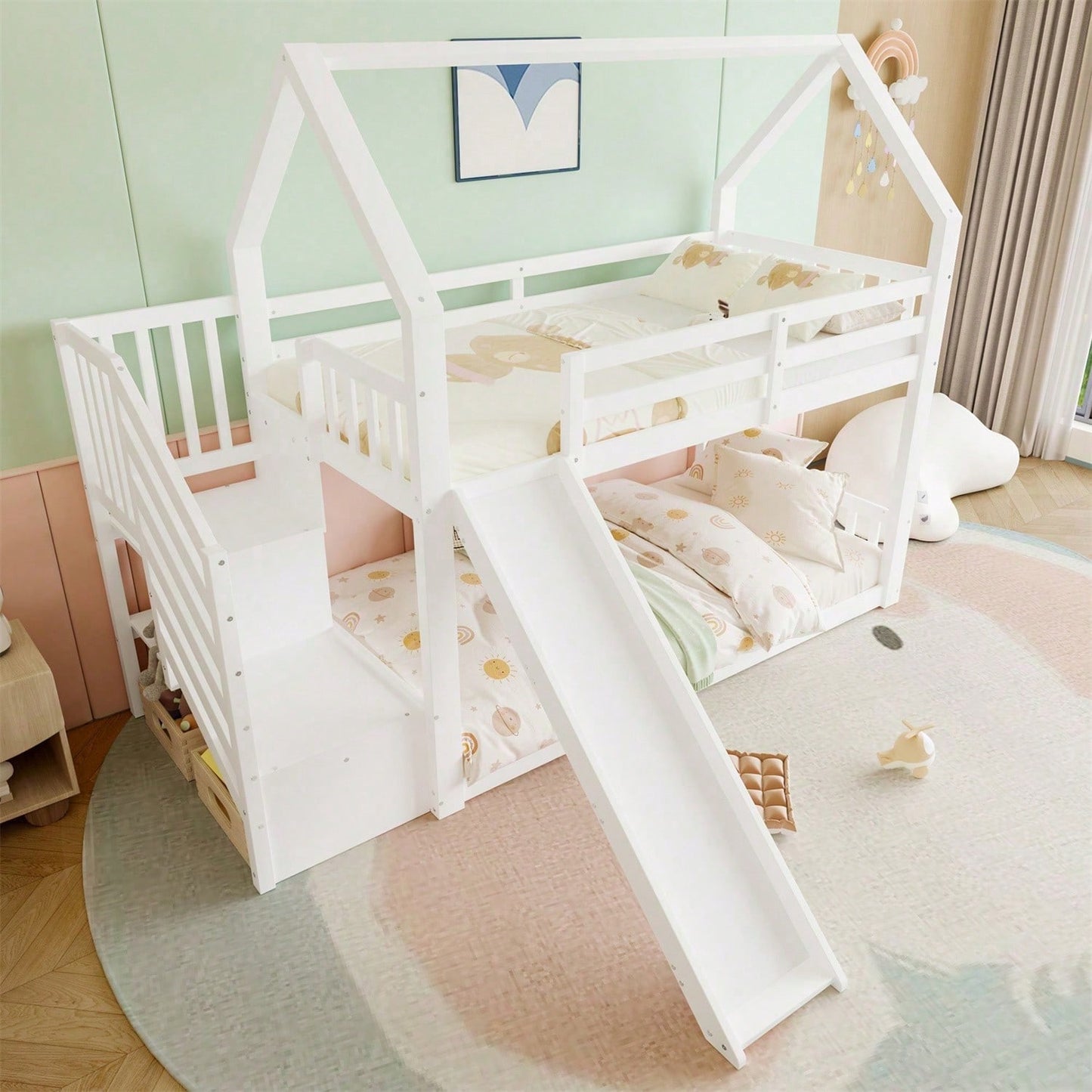 Etagenbett mit Stauraumtreppe und Rutsche, Hausbett(Ohne Matratze), Kinderbett mit Geländer, geeignet für Kinder, Jugendliche, 90x200cm, Weiß