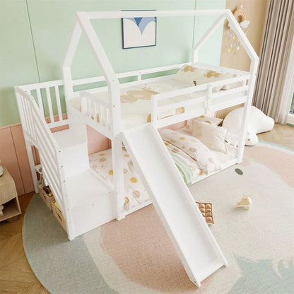 Etagenbett mit Stauraumtreppe und Rutsche, Hausbett(Ohne Matratze), Kinderbett mit Geländer, geeignet für Kinder, Jugendliche, 90x200cm, Weiß