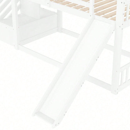 Etagenbett mit Stauraumtreppe und Rutsche, Hausbett(Ohne Matratze), Kinderbett mit Geländer, geeignet für Kinder, Jugendliche, 90x200cm, Weiß