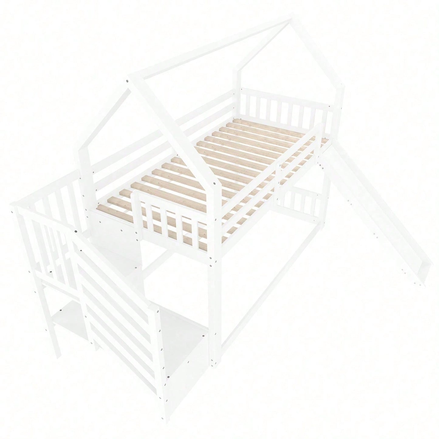 Etagenbett mit Stauraumtreppe und Rutsche, Hausbett(Ohne Matratze), Kinderbett mit Geländer, geeignet für Kinder, Jugendliche, 90x200cm, Weiß