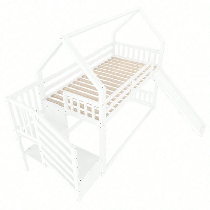 Etagenbett mit Stauraumtreppe und Rutsche, Hausbett(Ohne Matratze), Kinderbett mit Geländer, geeignet für Kinder, Jugendliche, 90x200cm, Weiß