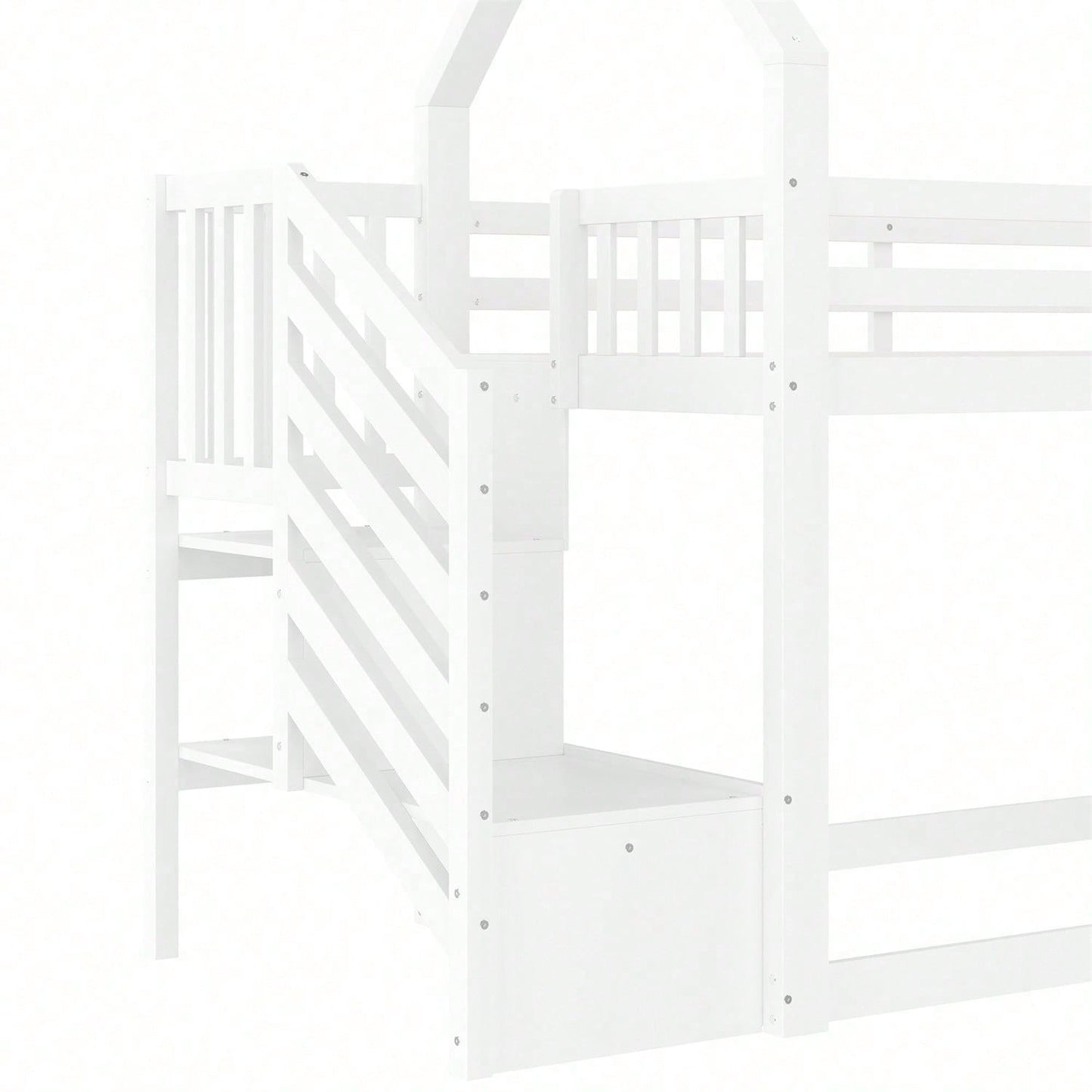 Etagenbett mit Stauraumtreppe und Rutsche, Hausbett(Ohne Matratze), Kinderbett mit Geländer, geeignet für Kinder, Jugendliche, 90x200cm, Weiß