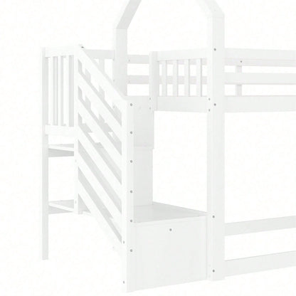 Etagenbett mit Stauraumtreppe und Rutsche, Hausbett(Ohne Matratze), Kinderbett mit Geländer, geeignet für Kinder, Jugendliche, 90x200cm, Weiß