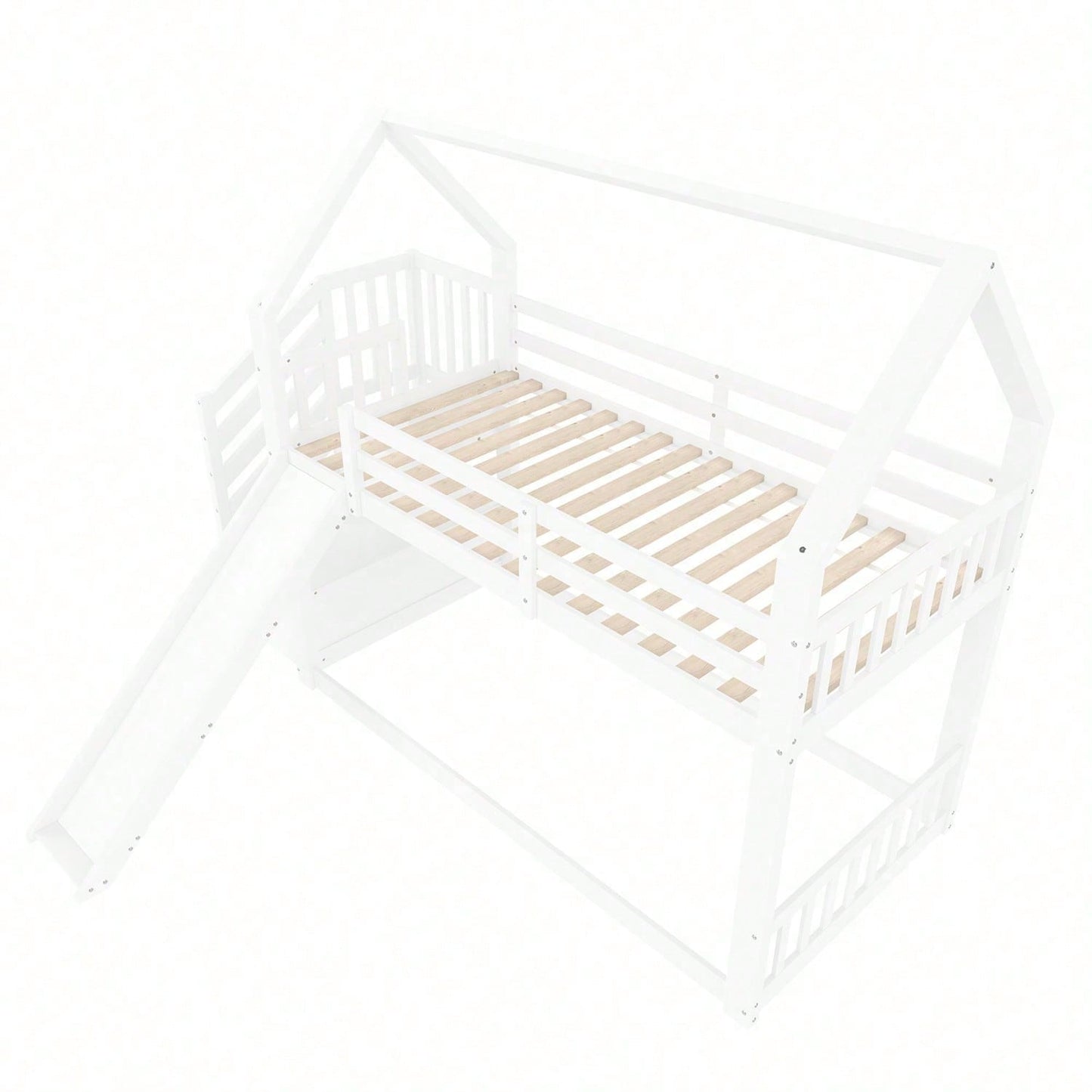Etagenbett mit Stauraumtreppe und Rutsche, Hausbett(Ohne Matratze), Kinderbett mit Geländer, geeignet für Kinder, Jugendliche, 90x200cm, Weiß