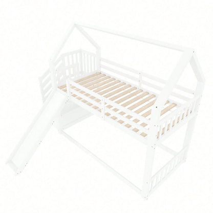 Etagenbett mit Stauraumtreppe und Rutsche, Hausbett(Ohne Matratze), Kinderbett mit Geländer, geeignet für Kinder, Jugendliche, 90x200cm, Weiß