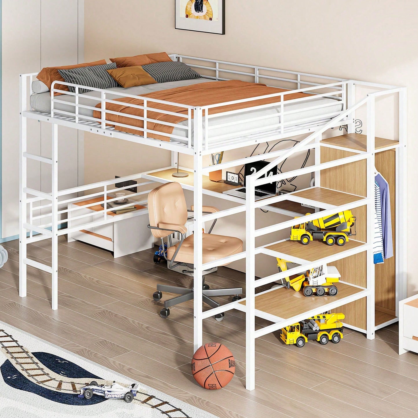 Hochbett, 140*200cm, Ohne Matratze, Schreibtisch, offener Kleiderschrank, Stufentreppe zur Aufbewahrung, Eisenrahmen, Weiß