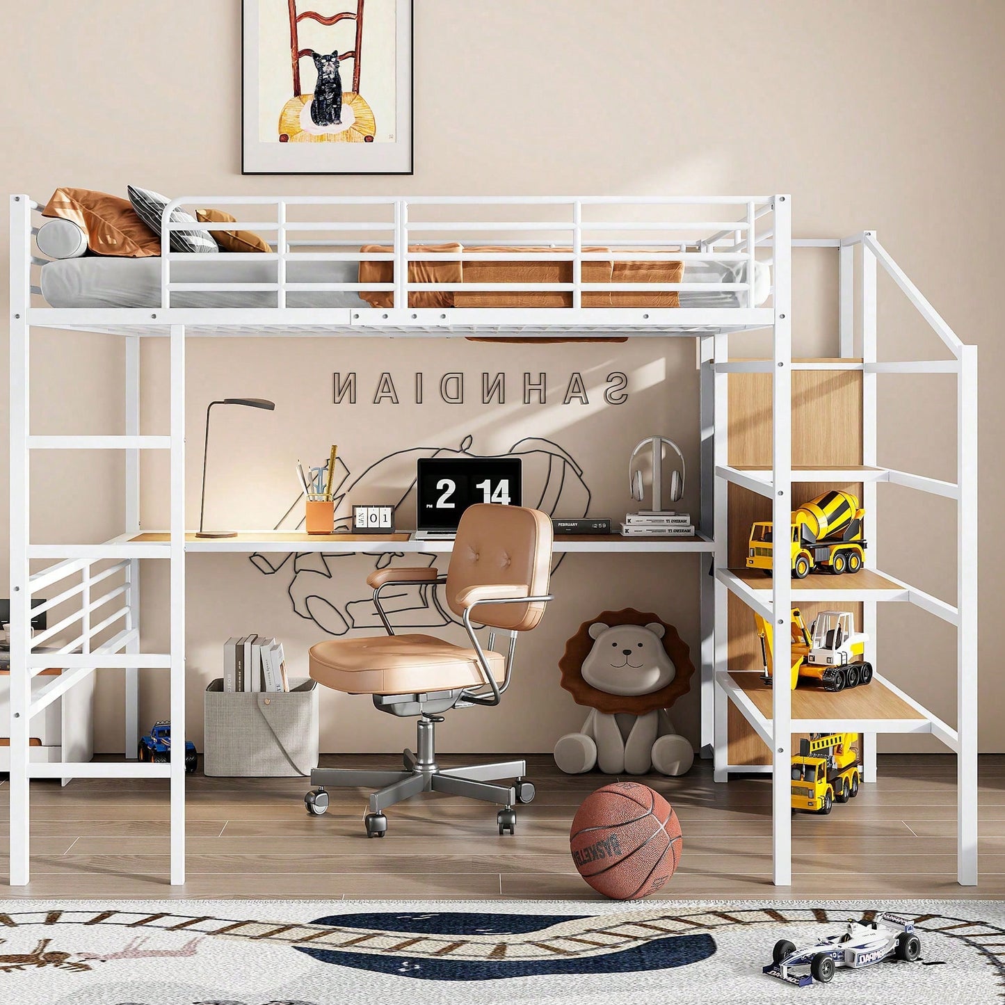 Hochbett, 140*200cm, Ohne Matratze, Schreibtisch, offener Kleiderschrank, Stufentreppe zur Aufbewahrung, Eisenrahmen, Weiß