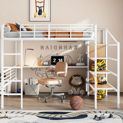 Hochbett, 140*200cm, Ohne Matratze, Schreibtisch, offener Kleiderschrank, Stufentreppe zur Aufbewahrung, Eisenrahmen, Weiß