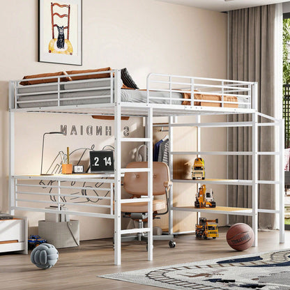Hochbett, 140*200cm, Ohne Matratze, Schreibtisch, offener Kleiderschrank, Stufentreppe zur Aufbewahrung, Eisenrahmen, Weiß