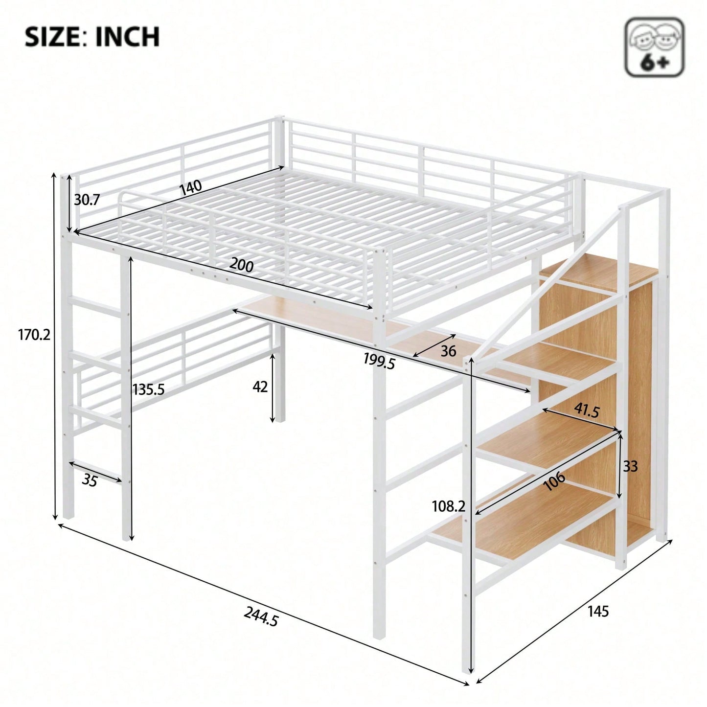 Hochbett, 140*200cm, Ohne Matratze, Schreibtisch, offener Kleiderschrank, Stufentreppe zur Aufbewahrung, Eisenrahmen, Weiß
