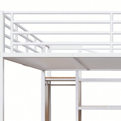 Hochbett, 140*200cm, Ohne Matratze, Schreibtisch, offener Kleiderschrank, Stufentreppe zur Aufbewahrung, Eisenrahmen, Weiß