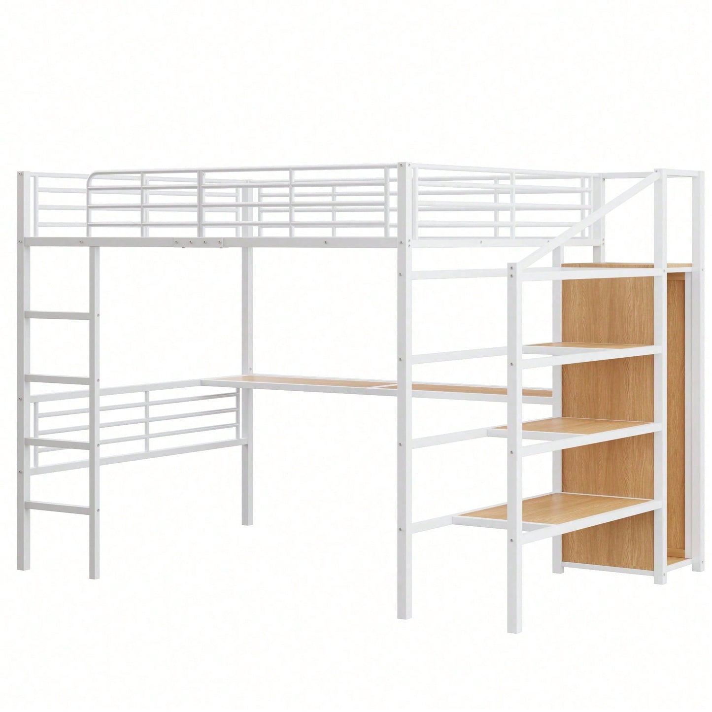 Hochbett, 140*200cm, Ohne Matratze, Schreibtisch, offener Kleiderschrank, Stufentreppe zur Aufbewahrung, Eisenrahmen, Weiß