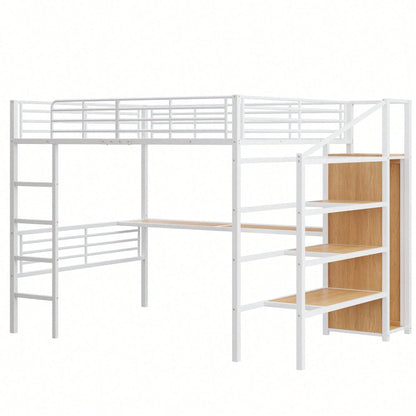 Hochbett, 140*200cm, Ohne Matratze, Schreibtisch, offener Kleiderschrank, Stufentreppe zur Aufbewahrung, Eisenrahmen, Weiß