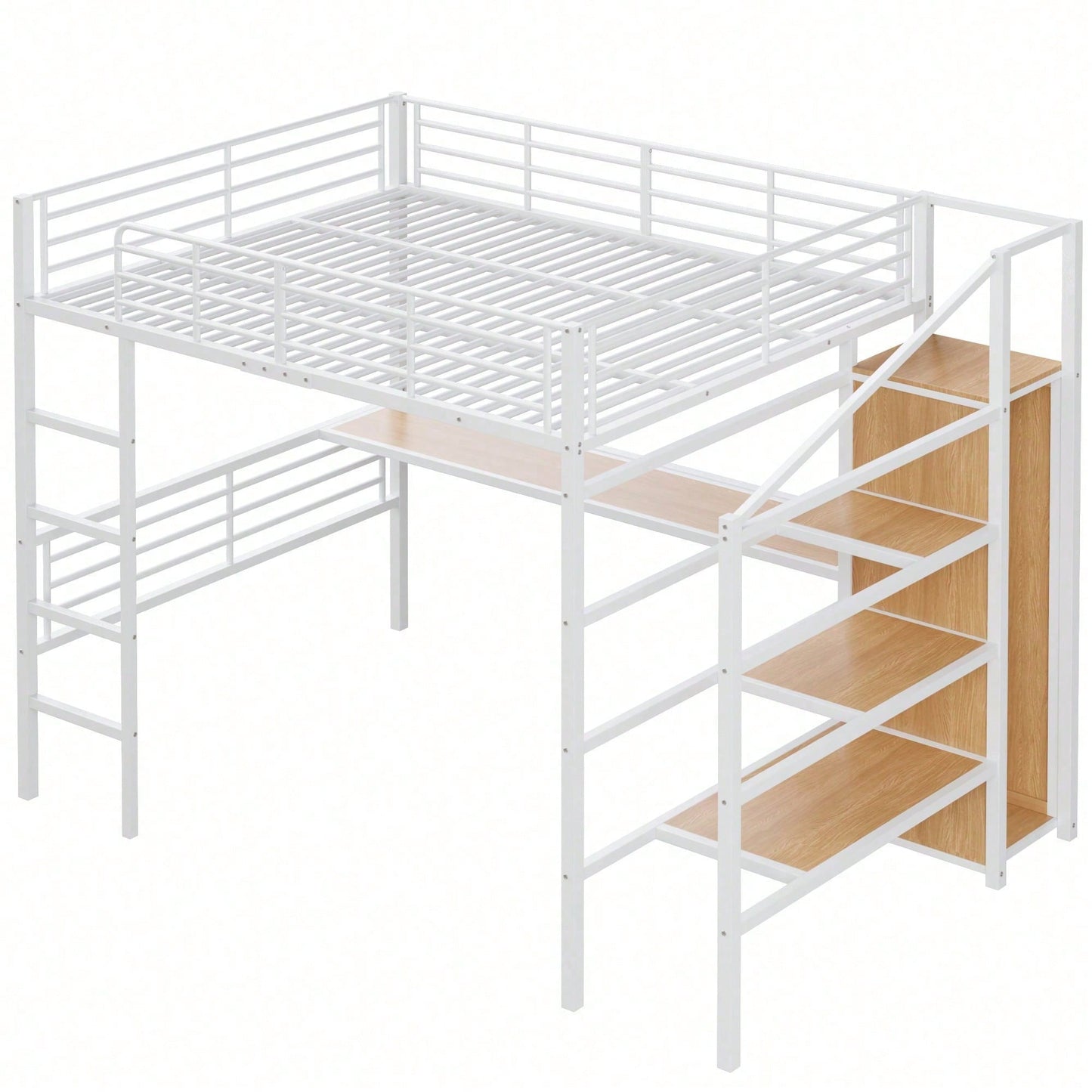 Hochbett, 140*200cm, Ohne Matratze, Schreibtisch, offener Kleiderschrank, Stufentreppe zur Aufbewahrung, Eisenrahmen, Weiß