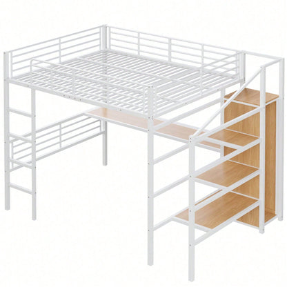 Hochbett, 140*200cm, Ohne Matratze, Schreibtisch, offener Kleiderschrank, Stufentreppe zur Aufbewahrung, Eisenrahmen, Weiß