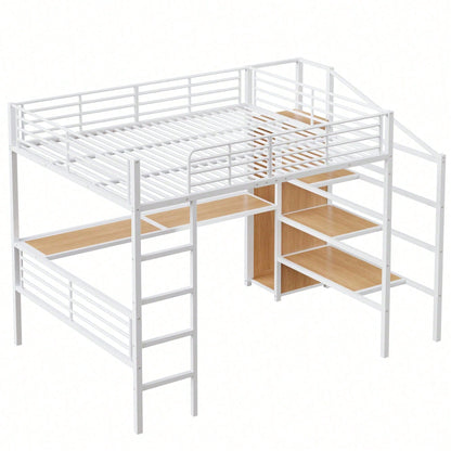 Hochbett, 140*200cm, Ohne Matratze, Schreibtisch, offener Kleiderschrank, Stufentreppe zur Aufbewahrung, Eisenrahmen, Weiß