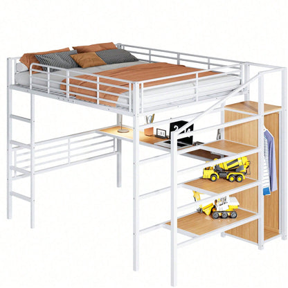 Hochbett, 140*200cm, Ohne Matratze, Schreibtisch, offener Kleiderschrank, Stufentreppe zur Aufbewahrung, Eisenrahmen, Weiß