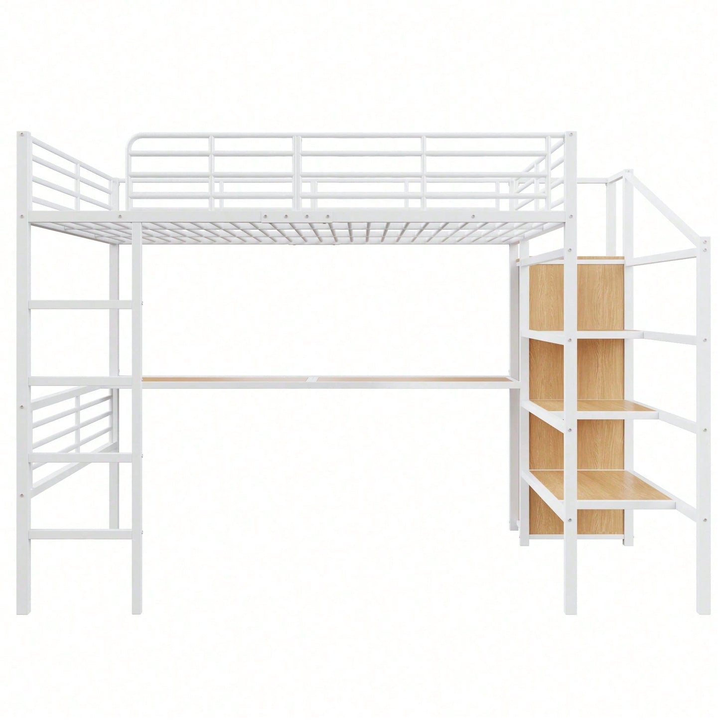 Hochbett, 140*200cm, Ohne Matratze, Schreibtisch, offener Kleiderschrank, Stufentreppe zur Aufbewahrung, Eisenrahmen, Weiß