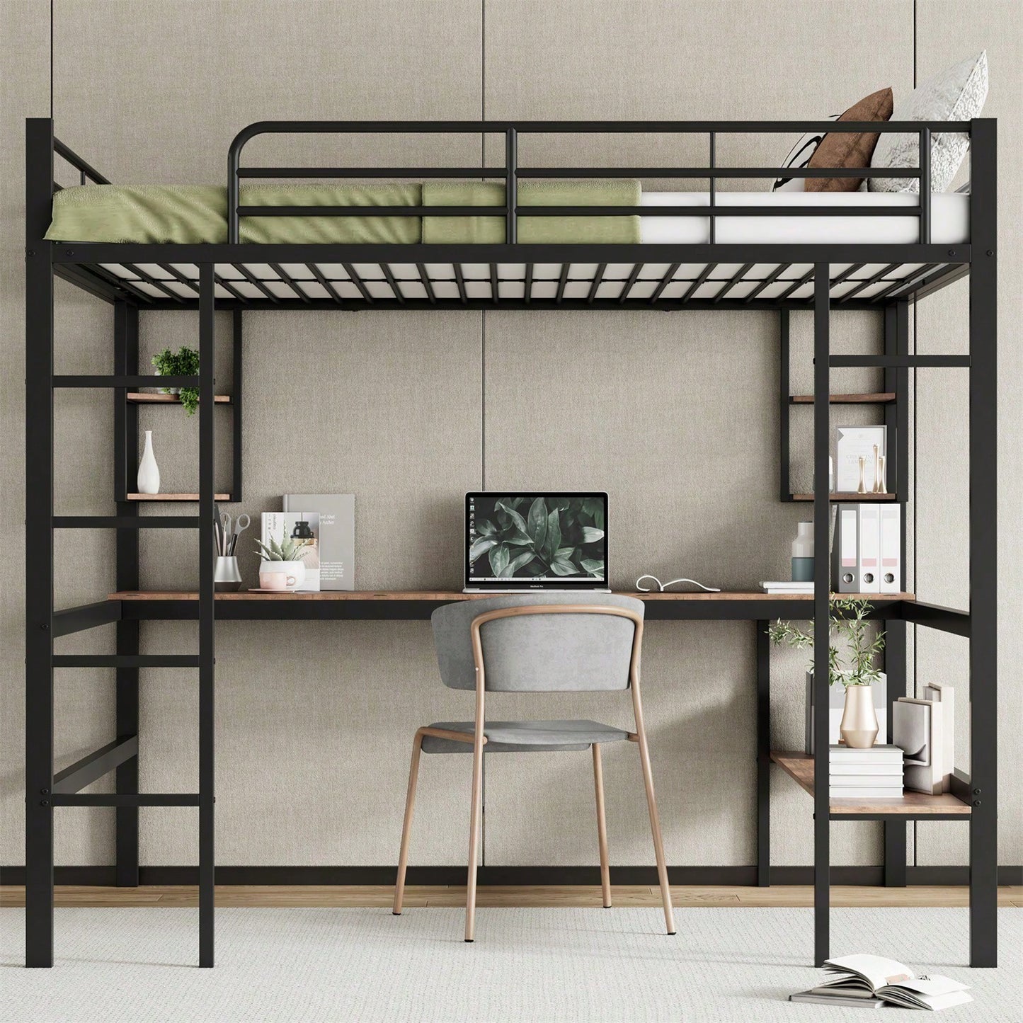 Hochbett, 140x200cm Bettgestell Metallbett, Eisenbett mit Schreibtisch, Ohne Matratze, Hochbett mit vier kleinen Regalen und einem großen Bücherregal für Kinder, Jugendliche und Erwachsene, Weiß