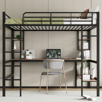 Hochbett, 140x200cm Bettgestell Metallbett, Eisenbett mit Schreibtisch, Ohne Matratze, Hochbett mit vier kleinen Regalen und einem großen Bücherregal für Kinder, Jugendliche und Erwachsene, Weiß