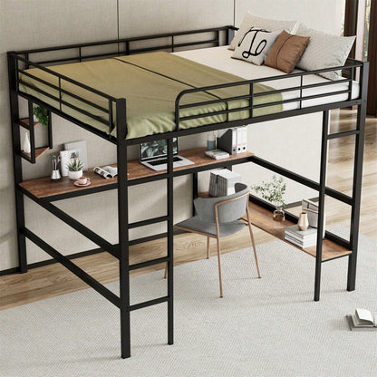 Hochbett, 140x200cm Bettgestell Metallbett, Eisenbett mit Schreibtisch, Ohne Matratze, Hochbett mit vier kleinen Regalen und einem großen Bücherregal für Kinder, Jugendliche und Erwachsene, Weiß