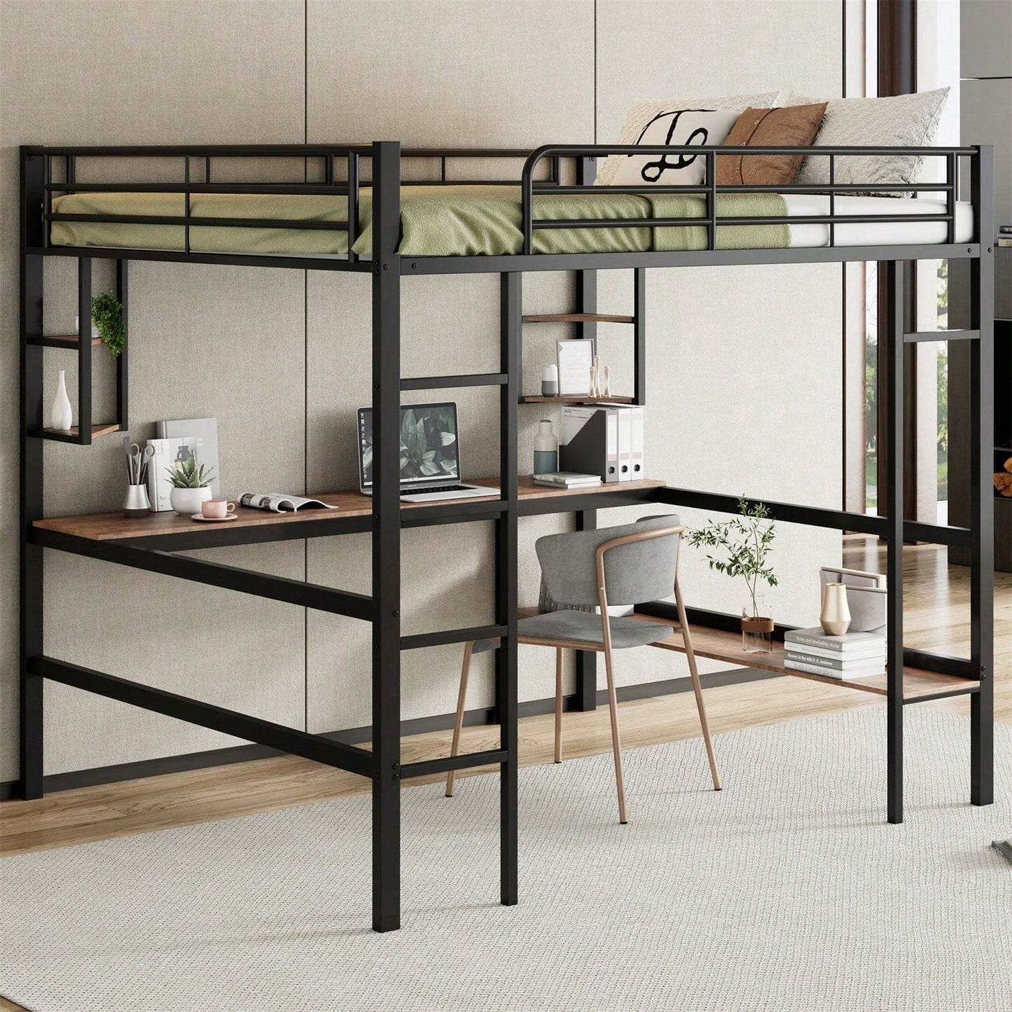 Hochbett, 140x200cm Bettgestell Metallbett, Eisenbett mit Schreibtisch, Ohne Matratze, Hochbett mit vier kleinen Regalen und einem großen Bücherregal für Kinder, Jugendliche und Erwachsene, Weiß